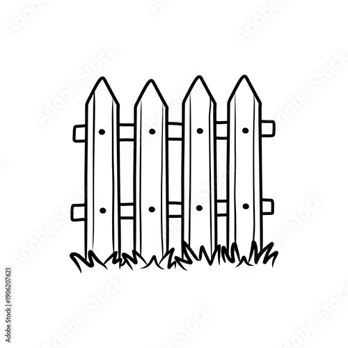 Wooden Picket Fence with Grass Line Art Illustration
