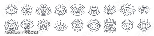 evil magical doodle eye set in a trending minimal linear style
