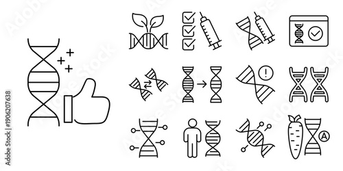 Comprehensive vector line icon set illustrating genetic engineering, DNA modification, biotechnology research, and scientific advancements, perfect for modern digital design
