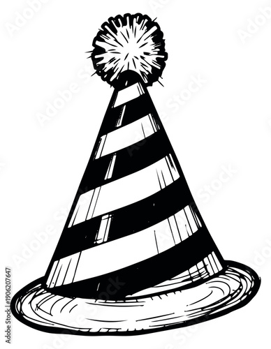 Hand drawn line art illustration of a party hat depicting a striped pattern and pompom for celebrations