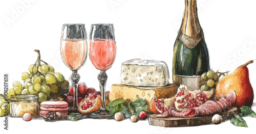 Elegancka martwa natura akwarelowa przedstawiająca dwa kieliszki różowego wina, butelkę szampana, sery, winogrona i owoce na białym tle.