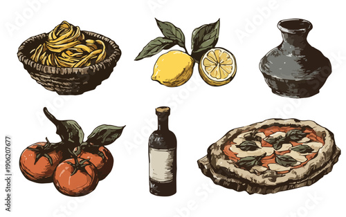 Zestaw ręcznie rysowanych ilustracji włoskiej kuchni zawierający pizzę, makaron, pomidory, cytrynę, wino oraz ceramiczny dzbanek na białym tle.