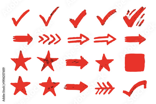 Kolekcja ręcznie rysowanych czerwonych symboli graficznych, w tym strzałki, gwiazdy i znaki wyboru, doskonała do kreatywnych projektów i prezentacji.