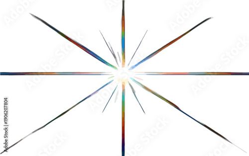 Abstrakcyjna ilustracja przedstawiająca jasny rozbłysk światła z wielokolorowymi promieniami i efektem soczewki, przezroczysty motyw dekoracyjny.