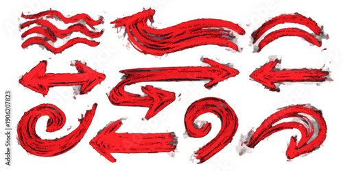 Kolekcja czerwonych ręcznie malowanych strzałek i pociągnięć pędzlem w stylu grunge, idealna do wyróżniania elementów na przezroczystym tle.