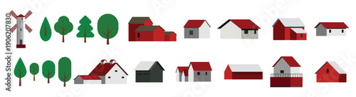 houses and building set flat colored city buildings