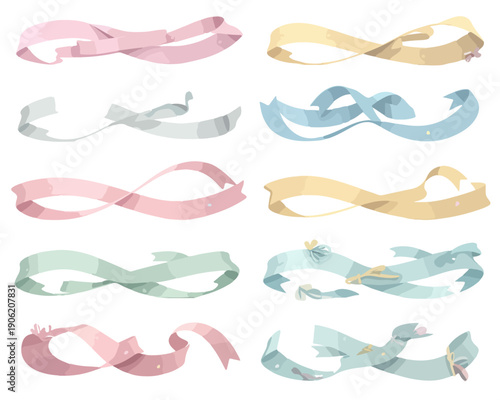 Kolekcja akwarelowych wstążek w odcieniach różu, błękitu i żółci, przezroczysty element dekoracyjny do eleganckich projektów cyfrowych.
