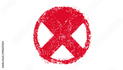 Czerwony symbol X wpisany w okrąg z teksturą grunge, reprezentujący błąd, zakaz lub odrzucenie, idealny jako element interfejsu użytkownika.