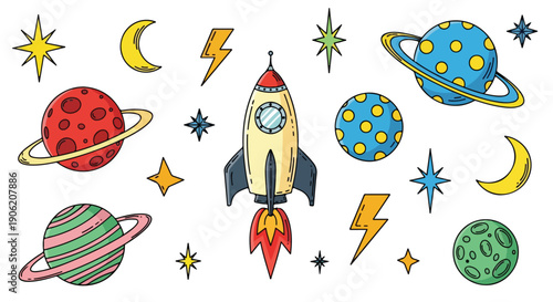 Colorful cartoon space illustration featuring planets, stars, and a rocket ship in a whimsical setting against a white background.