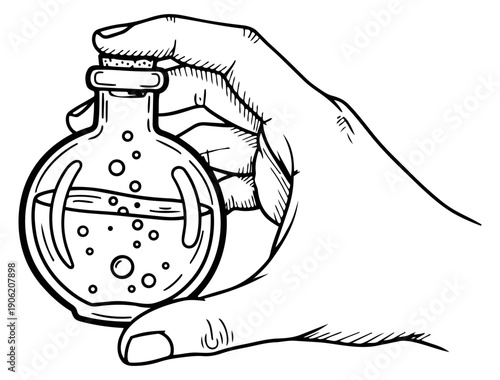 Hand drawn line art illustration of a hand holding a potion bottle depicting a corked flask with bubbly liquid for magic and science concepts