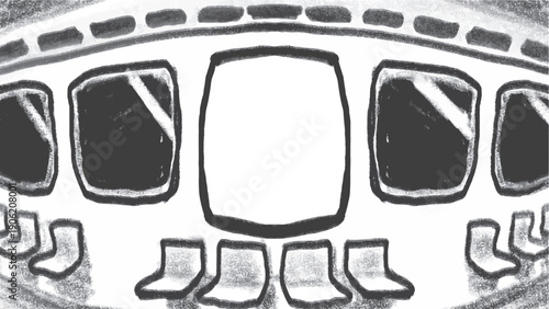 An artwork depicting the interior of a subway car, complete with seats, windows, and a blank poster in the center. The perspective mimics a fisheye lens.