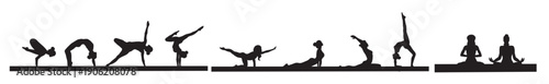 set many different girls do yoga in different poses silhouette 