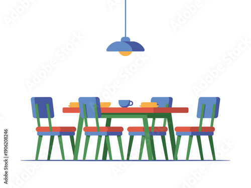 A colorful dining table with blue chairs and a hanging lamp above it on a white background