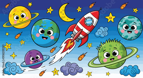 Cartoon illustration of a smiling rocket ship blasting off into a colorful cartoon space with planets, stars, and clouds.
