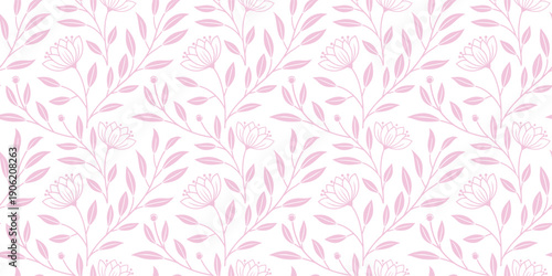 Seamless pink leafy branch pattern on soft light background. Elegant botanical repeating design ideal for wallpaper, textile, packaging, and surface . Delicate floral texture with modern minimal 