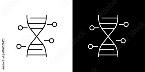 Scientific research icon of a DNA double helix structure with interconnected data points, symbolizing genetics, bioinformatics, and technological advancements in healthcare