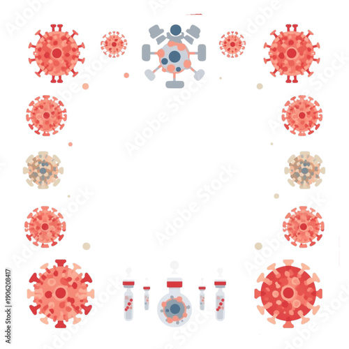 Stylized virus and lab equipment form a graphic border, representing scientific research, global health, disease prevention, and medical innovation efforts