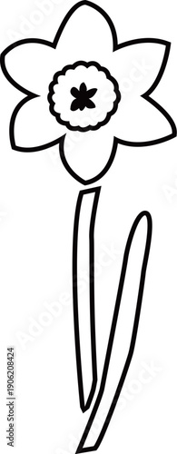 水仙の花と葉のアウトライン白黒線画イラスト