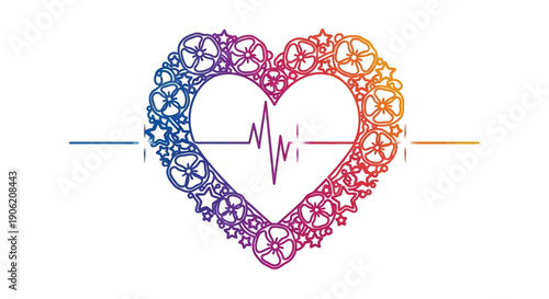Vibrant gradient heart with electrocardiogram line and intricate floral botanical pattern