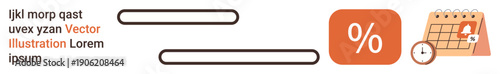 Deadlines, time management, scheduling, discounts, financial planning, productivity. Percentage icon, calendar with clock deadline alert. Scheduling and deadlines concept for visual communication