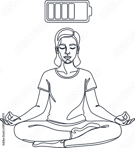 Woman meditating with a full battery symbol above her head meditation yoga