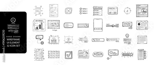 UI Interface Doodle Icons Collection Hand Drawn Cursor, Search Bar, Pointer and Dashboard Elements