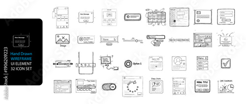 UI Dashboard Hand Drawn Icons Cursor Pointer, Toggle Switch, Spinner and Interface Controls Sketch Set