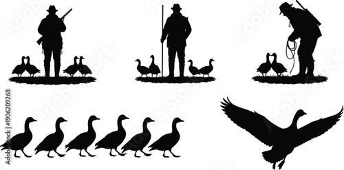 Silhouette of Waterfowl Hunter with Shotgun and Hunting Dog Training Decoys, Goose Hunting Season in Wetlands, Outdoor Wildlife Sport Vector Illustration