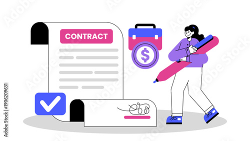 A woman holding a large pen while signing a formal contract document with a checkmark