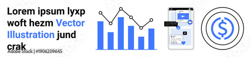 Financial analysis, mobile payments, digital marketing, business growth, investment tracking, economic statistics. Bar chart and line graph with phone app and money symbol. Financial analysis
