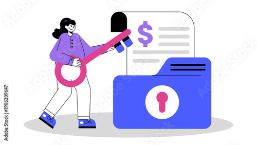 A woman unlocking a secure business folder containing financial documents with a large key