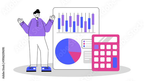 Businessman presenting data analysis with charts and a calculator