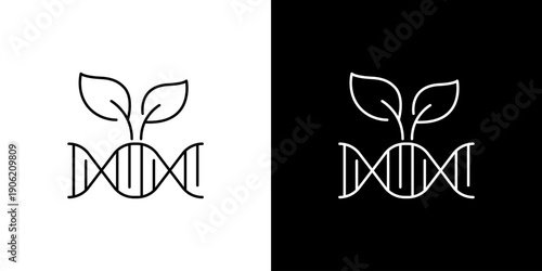 DNA helix with growing plant leaves icon representing biotechnology, genetics, and organic research