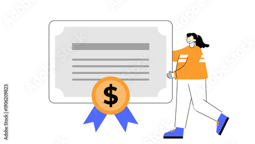 Woman carrying a large business certificate with a seal representing professional qualification
