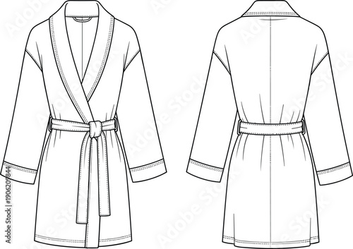 Bathrobe technical flat sketch showing front and back views, wrap style with belt tie, long sleeves, minimalist line illustration for apparel design and garment production