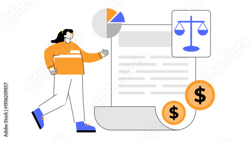 Woman presenting legal business documents with scales of justice and financial icons