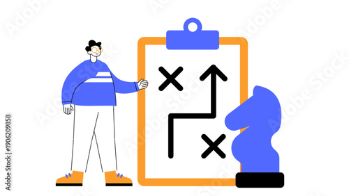 Man presenting a strategic plan on a clipboard with a chess piece icon