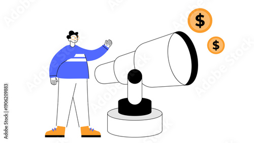 Businessman looking through a large telescope to find future financial success and profit goals