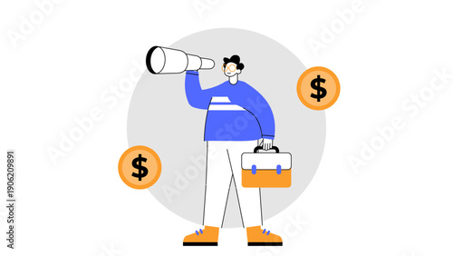 Businessman holding a briefcase and using a telescope to search for financial opportunities