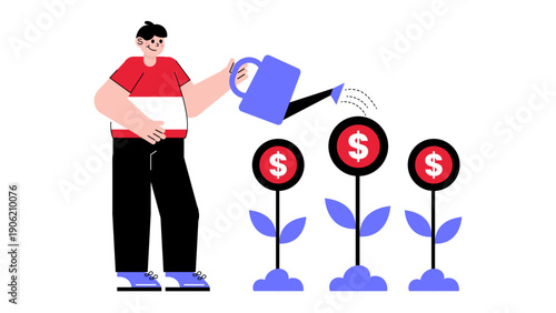 A businessman watering money plants to represent financial investment growth and prosperity