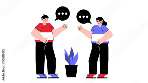 Two business people engaged in conversation with speech bubbles