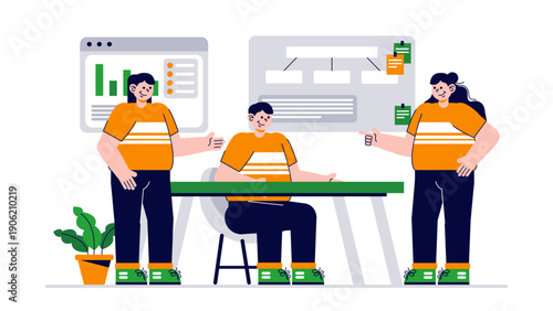 Group of professionals collaborating on a project with workflow charts and sticky notes