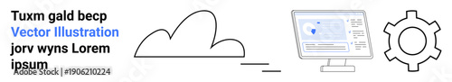 Cloud icon connecting to a computer monitor displaying data analytics, adjacent to a gear. Ideal for technology, automation, cloud computing, data processing, digital workflow, innovation, simple