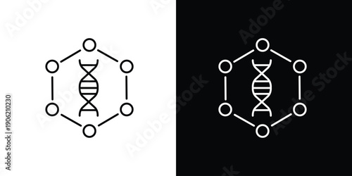 Single icon of abstract representation of a DNA double helix structure within a hexagonal molecular network, symbolizing genetics and biotechnology concepts