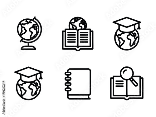 A set of educational icons featuring globes, books, and graduation caps on a white background.