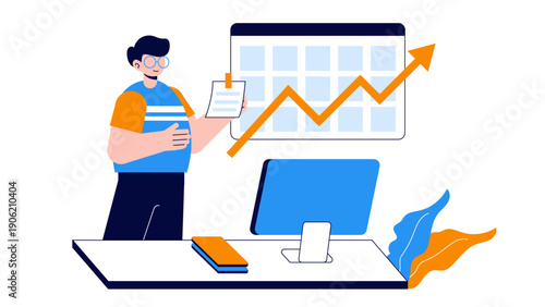 A businessman analyzing a growth chart on a calendar board to plan future strategy