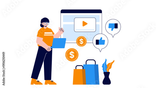 A female entrepreneur managing social media feedback and sales performance on a web page