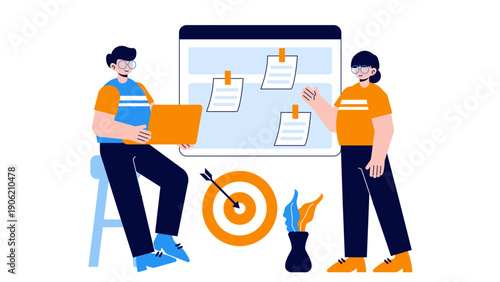 A professional team collaborating on a project board to achieve their business goals together