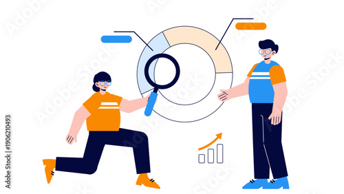 Professionals conducting market research with magnifying glass