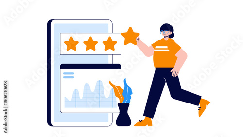 Business professional giving a five star rating for a successful online service or app